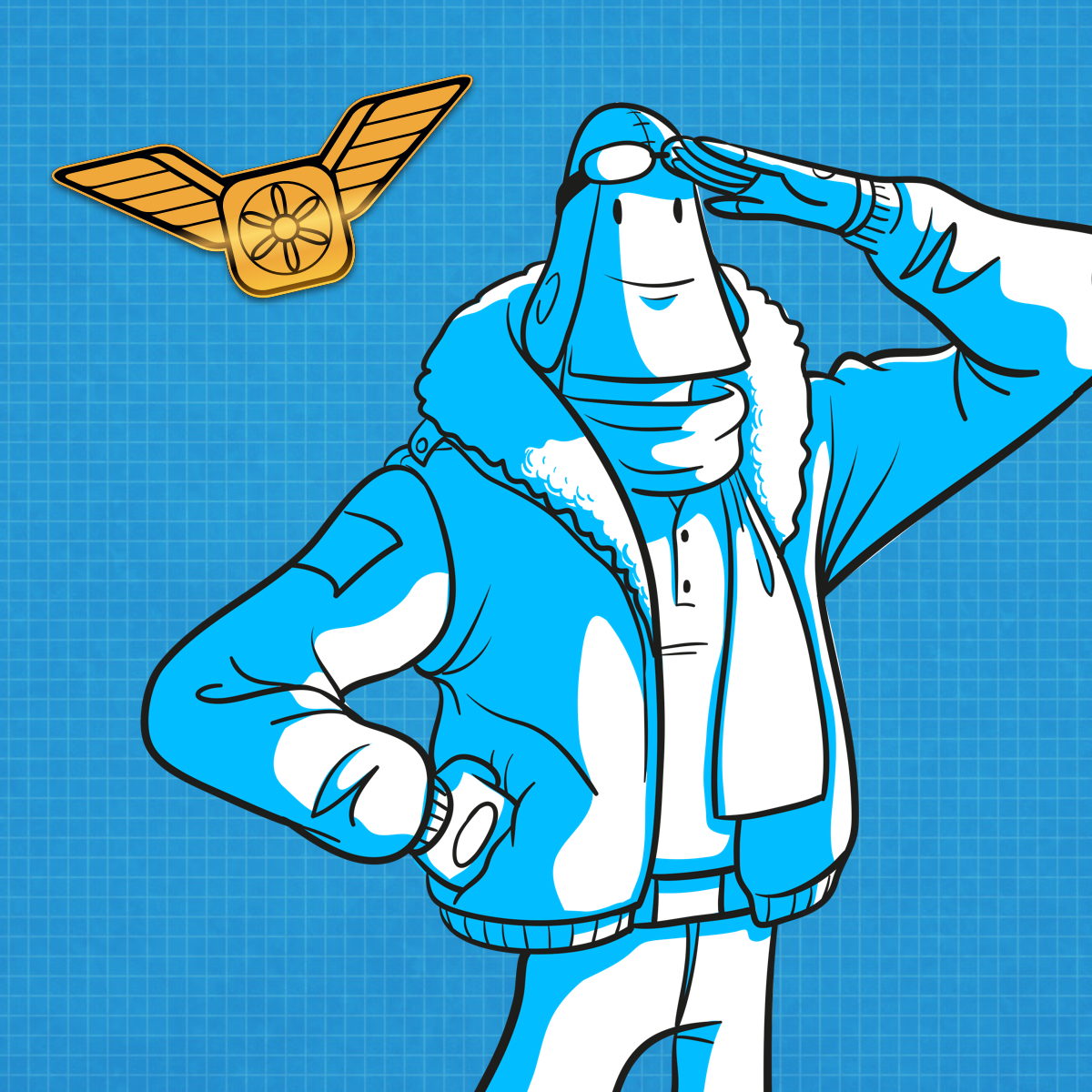 Cartoon of TestFlight Guy, a golden badge with wings and the TestFlight logo