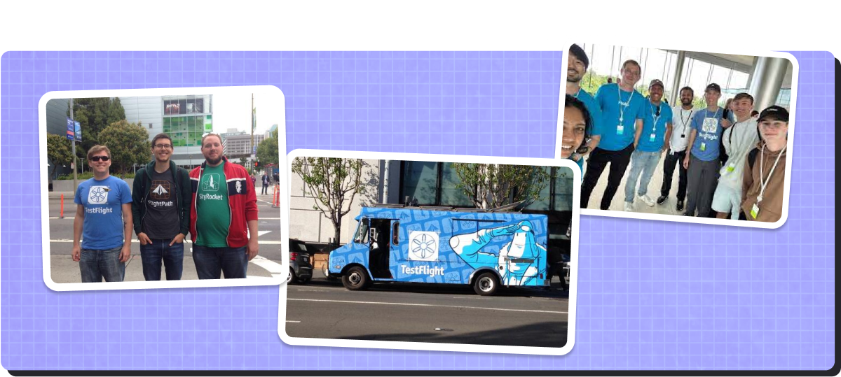 A composite graphic against a purple draft paper background, with three photos. The first, depicting three men wearing the three company shirts (TestFlight, FlightPath and SkyRocket). The second was a food truck wallpapered with the TestFlight theme, including colors, logo, icon and mascot. The third is a group of developers at the WWDC conference, smiling, one of them sporting a TestFlight t-shirt.